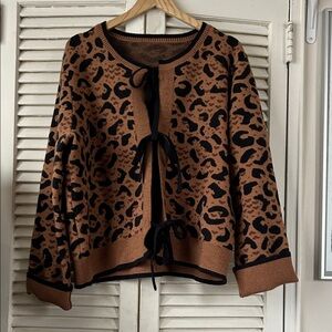 Leopard Print Cardigan with Black Ties